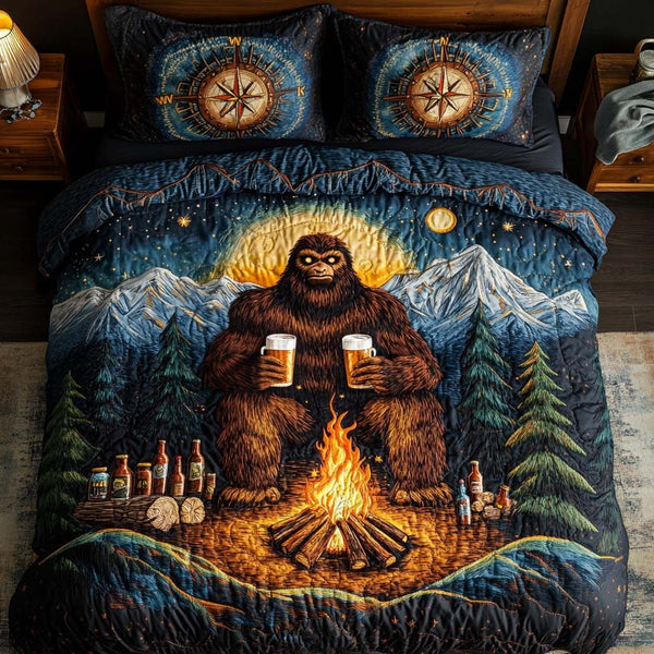 Campfire Cheers quilted 3-piece bedding set on a made bed with two matching pillow shams