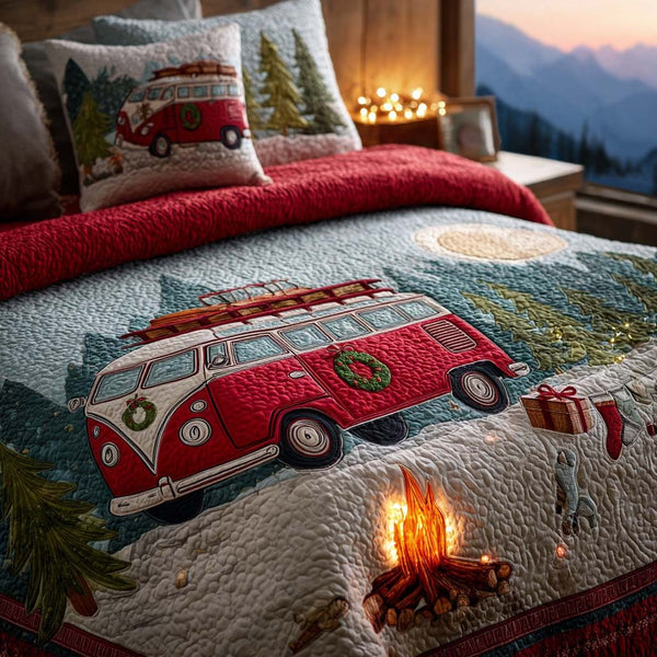 Campfire Christmas quilted 3-piece bedding set on a made bed in a winter-styled bedroom