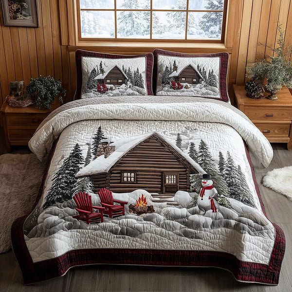 Campfire Cozy Nights quilted 3-piece bedding set on a made bed with two matching pillow shams