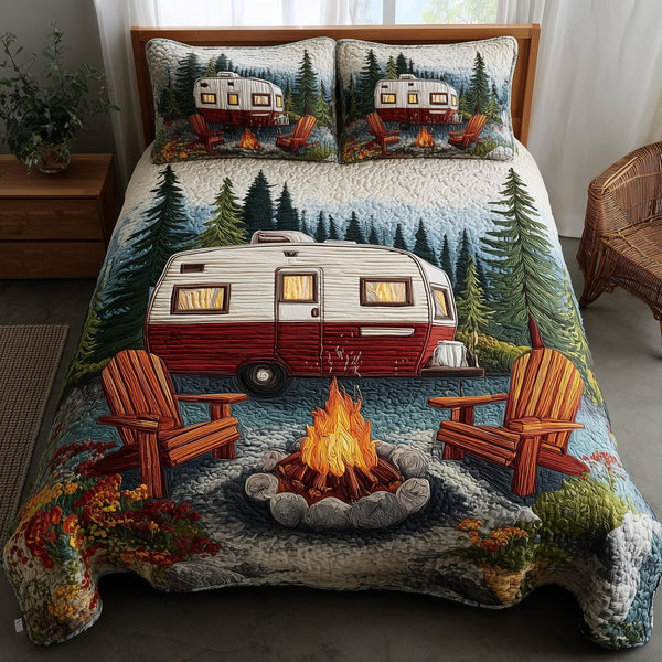 Campfire Dreams quilted 3-piece bedding set on a made bed with two matching pillow shams