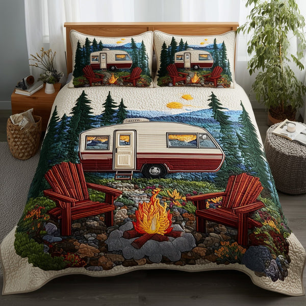 Campfire Dreams quilted 3-piece bedding set on a made bed with two matching pillow shams