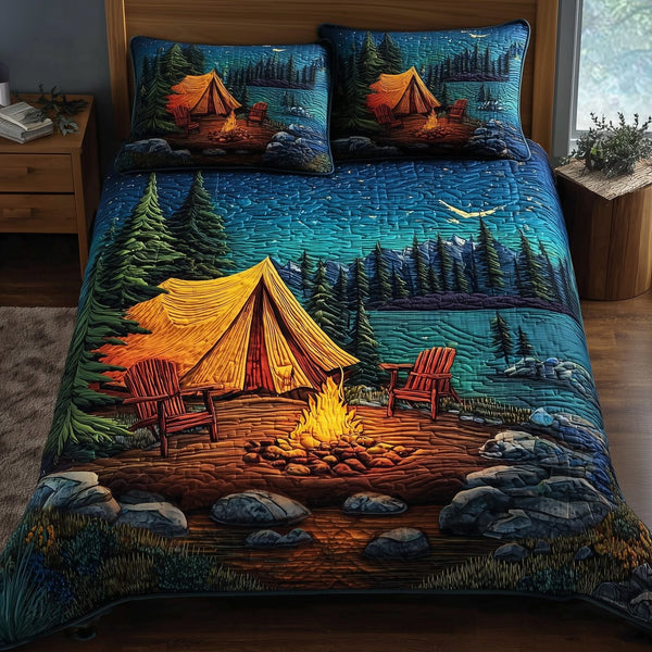 Campfire Dreams quilted 3-piece bedding set on a made bed with two matching pillow shams