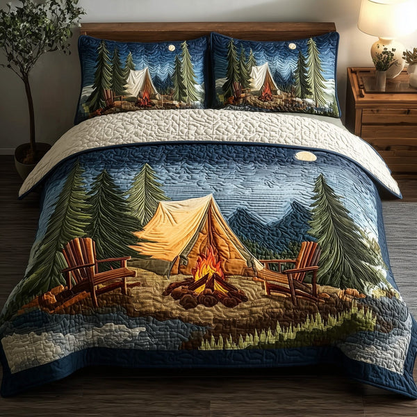 Campfire Dreams quilted 3-piece bedding set on a made bed with two matching pillow shams