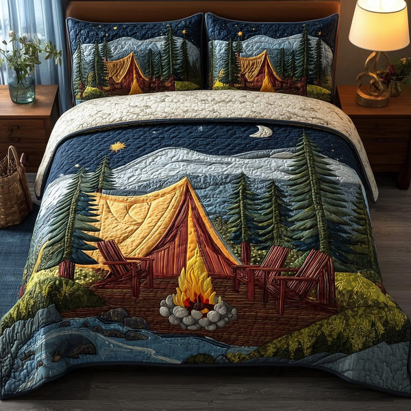 Campfire Dreams quilted 3-piece bedding set on a made bed with two matching pillow shams