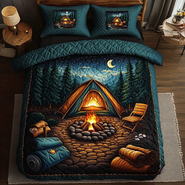 Campfire Dreams quilted 3-piece bedding set on a made bed with two matching pillow shams