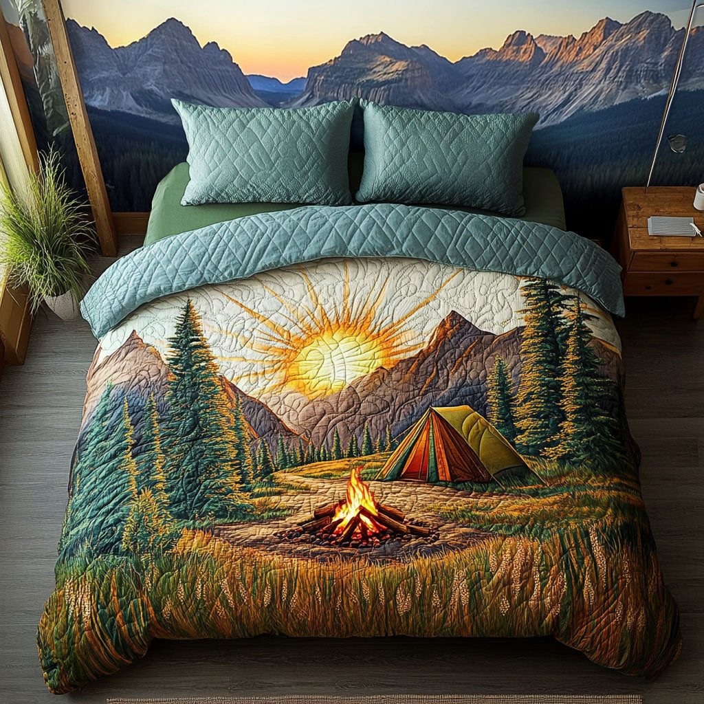 Campfire Dreams quilted 3-piece bedding set on a made bed with two matching pillow shams