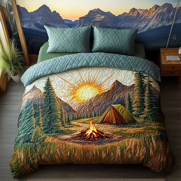 Campfire Dreams quilted 3-piece bedding set on a made bed with two matching pillow shams