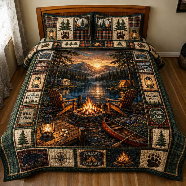Campfire Escape quilted 3-piece bedding set on a made bed with two matching pillow shams