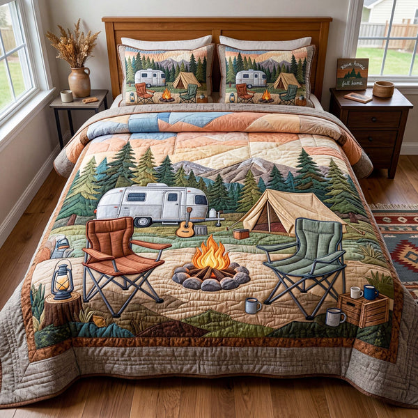 Campfire Escape quilted 3-piece bedding set on a made bed with two matching pillow shams
