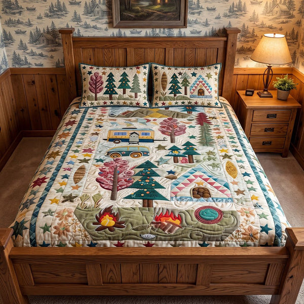 Campfire Glow Heritage quilted 3-piece bedding set on a made bed in a farmhouse bedroom