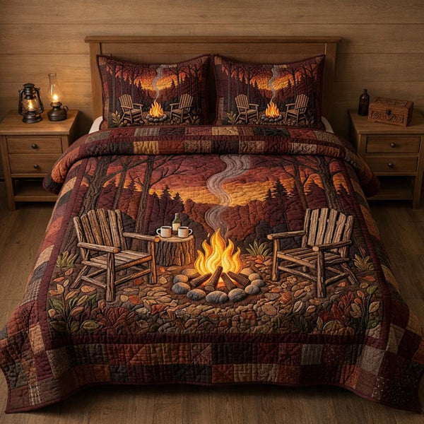 Campfire Haven quilted 3-piece bedding set on a made bed with two matching pillow shams