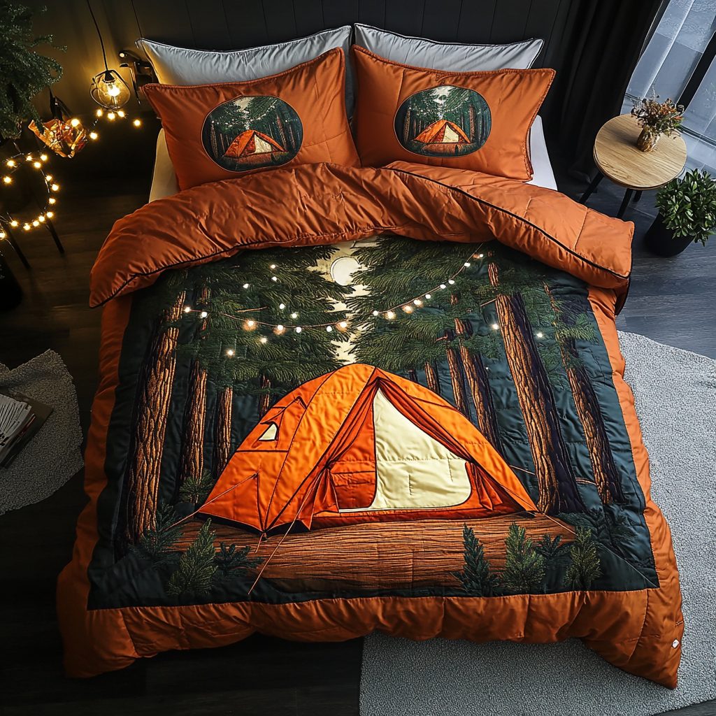 Campfire Nights quilted 3-piece bedding set on a made bed with two matching pillow shams