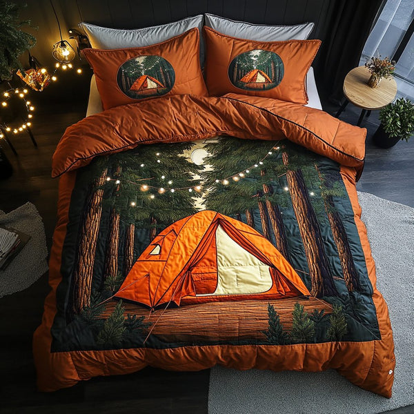 Campfire Nights quilted 3-piece bedding set on a made bed with two matching pillow shams