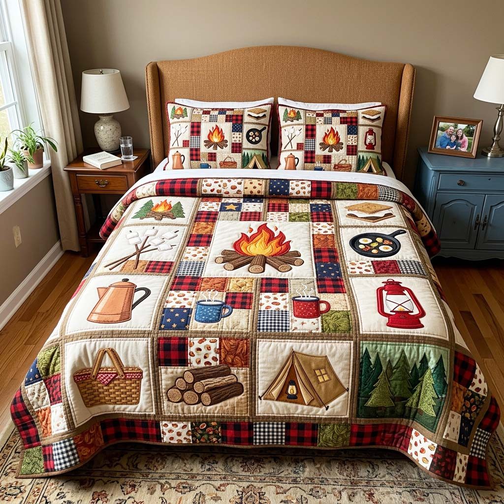 Campfire Patch quilted 3-piece bedding set on a made bed with two matching pillow shams