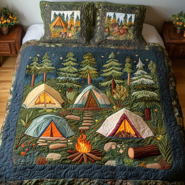 Campfire Retreat quilted 3-piece bedding set on a made bed with two matching pillow shams