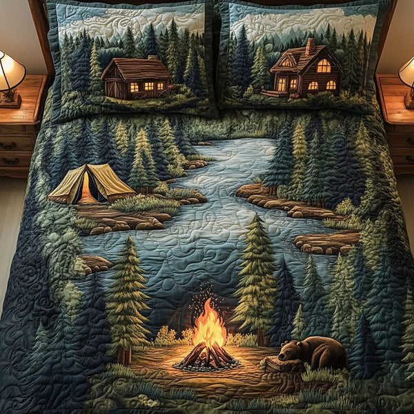 Campfire Retreat quilted 3-piece bedding set on a made bed with two matching pillow shams