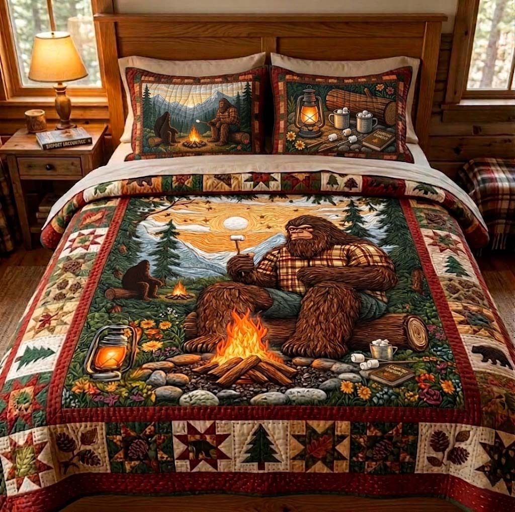 Campfire Sasquatch quilted 3-piece bedding set on a made bed with two matching pillow shams