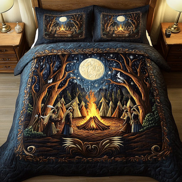 Campfire Spirit quilted 3-piece bedding set on a made bed with two matching pillow shams