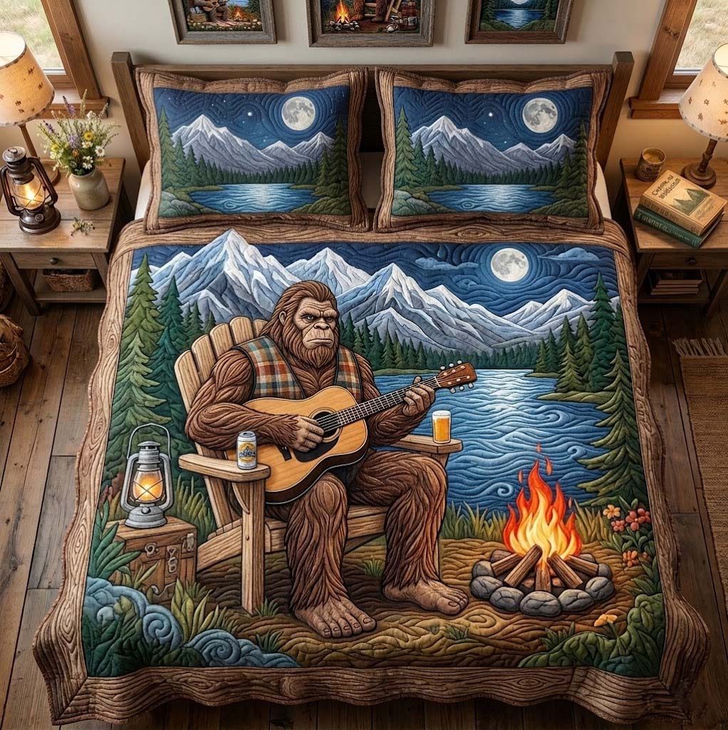 Campfire Strings quilted 3-piece bedding set on a made bed with two matching pillow shams