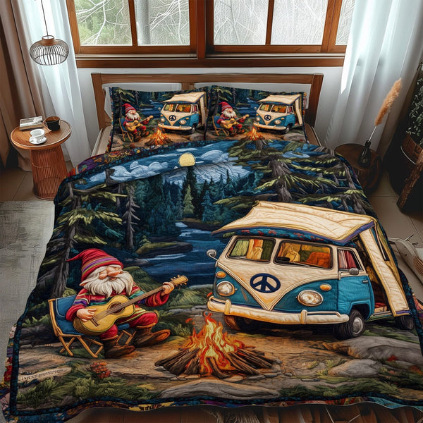 Campfire Tunes quilted 3-piece bedding set on a made bed with two matching pillow shams