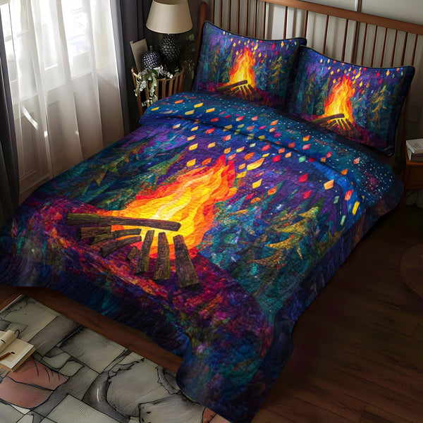 Campground Bliss quilted 3-piece bedding set on a made bed with two matching pillow shams