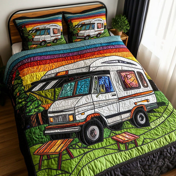 Campground Bliss quilted 3-piece bedding set on a made bed with two matching pillow shams