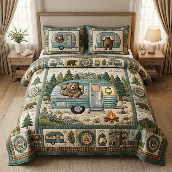 Camping Bear quilted 3-piece bedding set on a made bed with two matching pillow shams