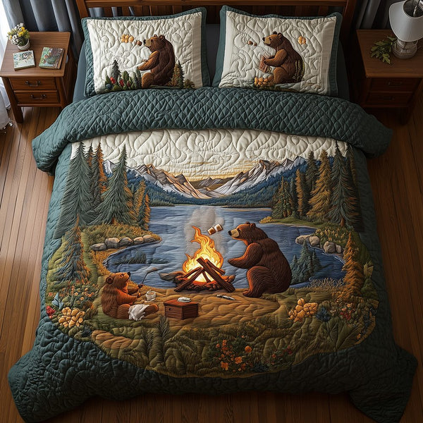 Camping Bear quilted 3-piece bedding set on a made bed with two matching pillow shams