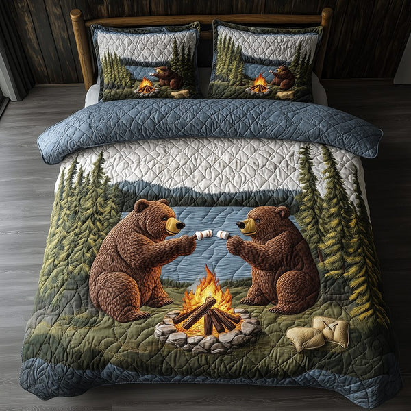 Camping Bear quilted 3-piece bedding set on a made bed with two matching pillow shams