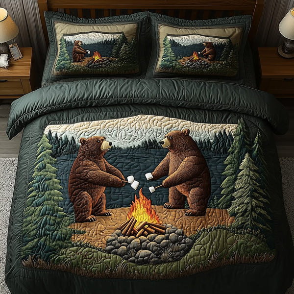 Camping Bear quilted 3-piece bedding set on a made bed with two matching pillow shams
