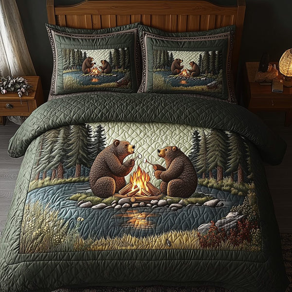 Camping Bear quilted 3-piece bedding set on a made bed with two matching pillow shams