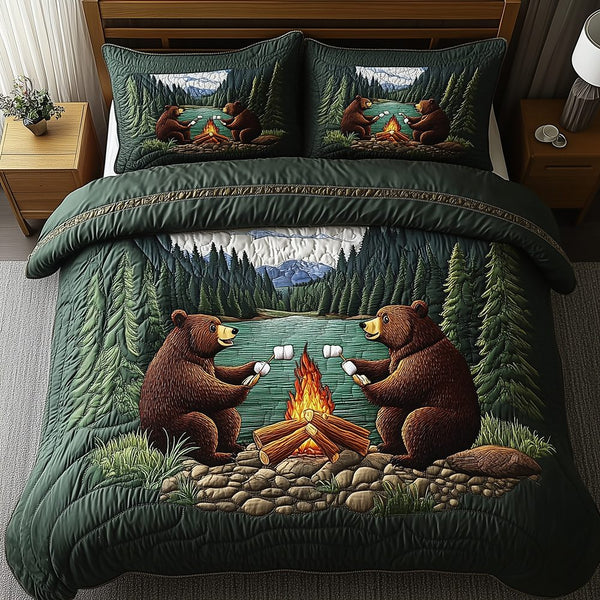 Camping Bear quilted 3-piece bedding set on a made bed with two matching pillow shams