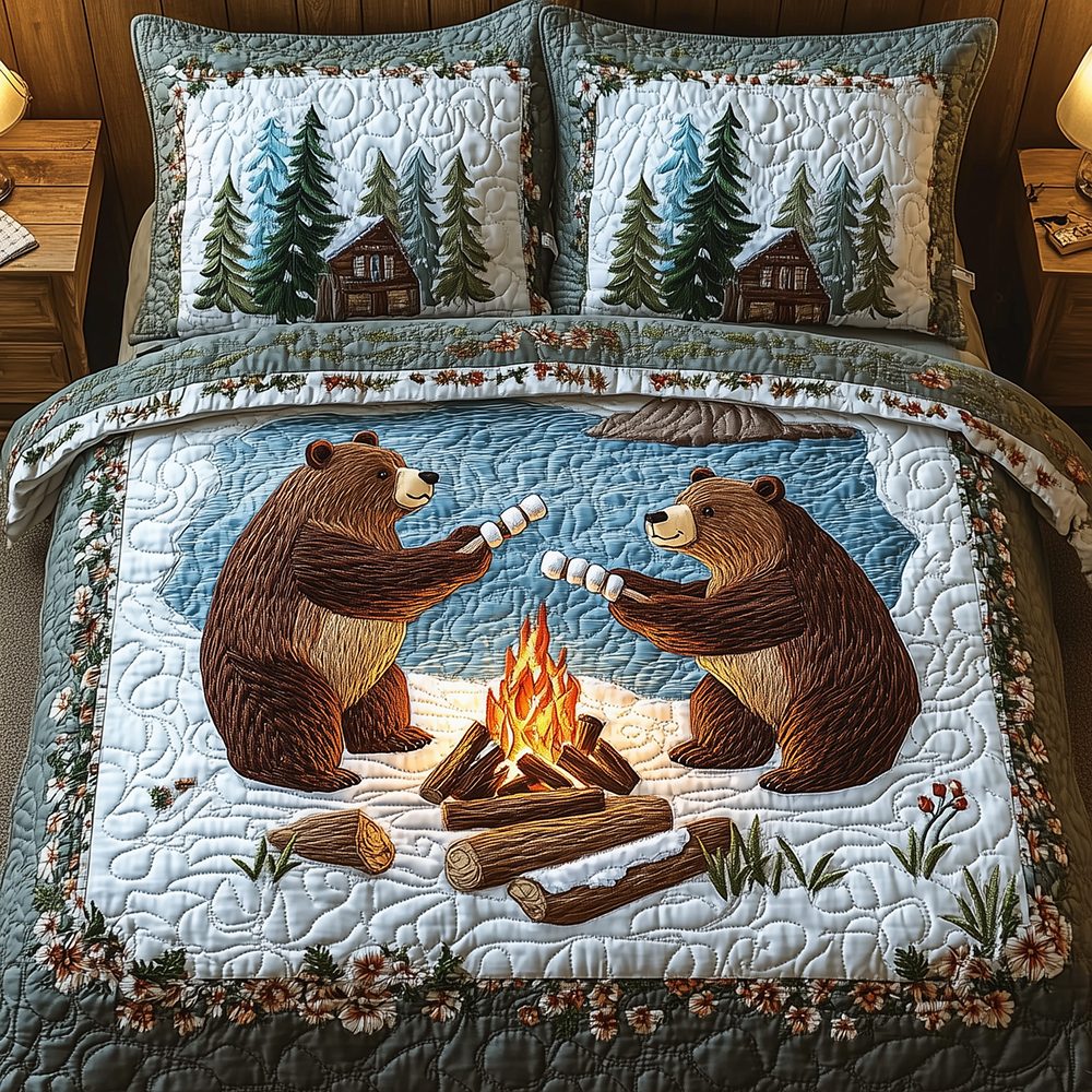 Camping Bear quilted 3-piece bedding set on a made bed with two matching pillow shams
