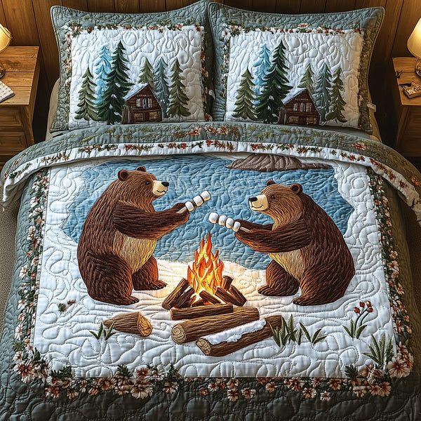 Camping Bear quilted 3-piece bedding set on a made bed with two matching pillow shams