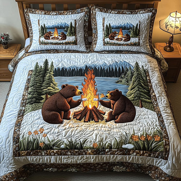 Camping Bear quilted 3-piece bedding set on a made bed with two matching pillow shams