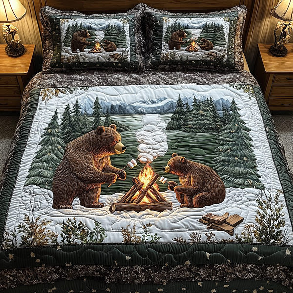 Camping Bear quilted 3-piece bedding set on a made bed with two matching pillow shams