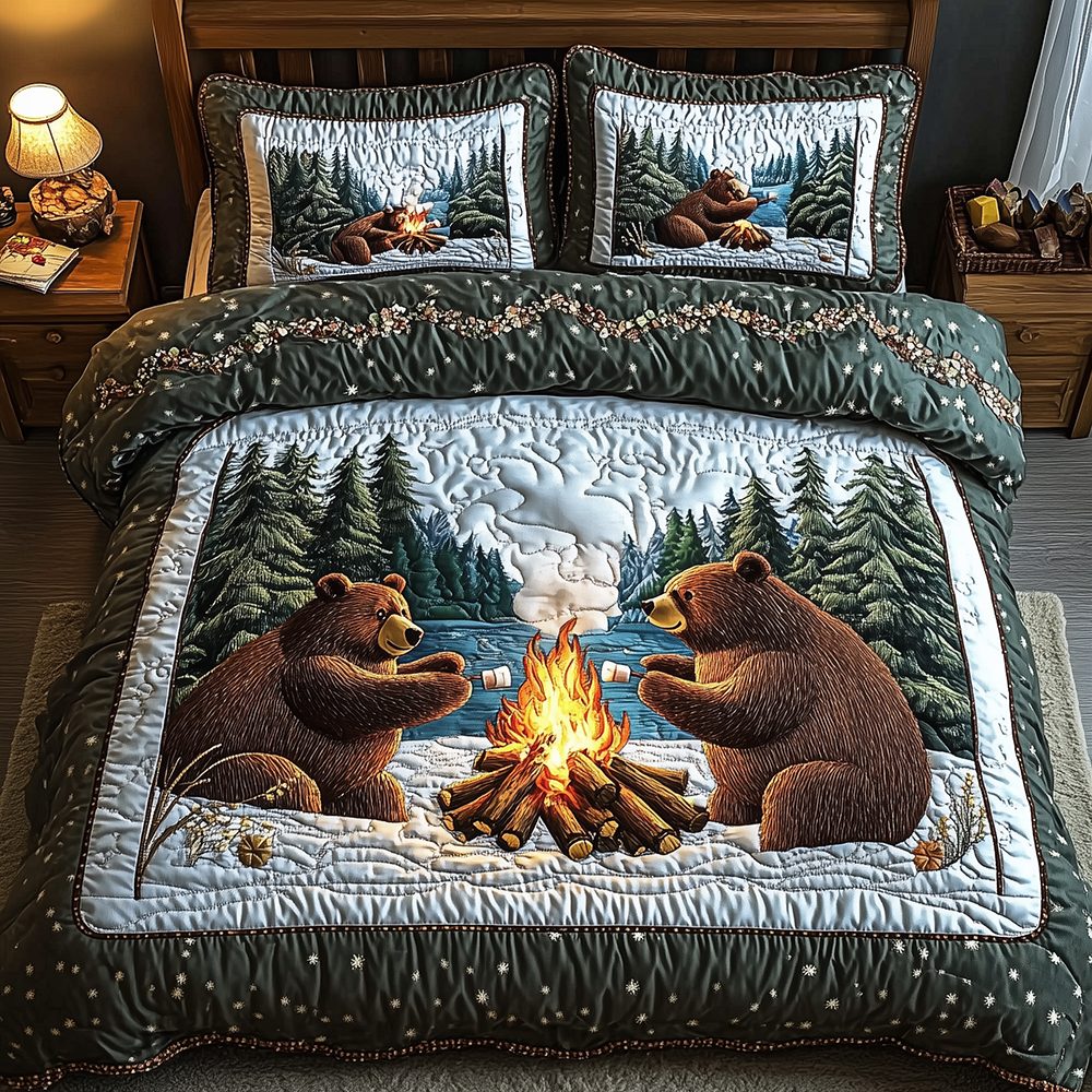 Camping Bear quilted 3-piece bedding set on a made bed with two matching pillow shams