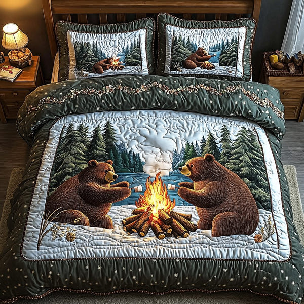 Camping Bear quilted 3-piece bedding set on a made bed with two matching pillow shams