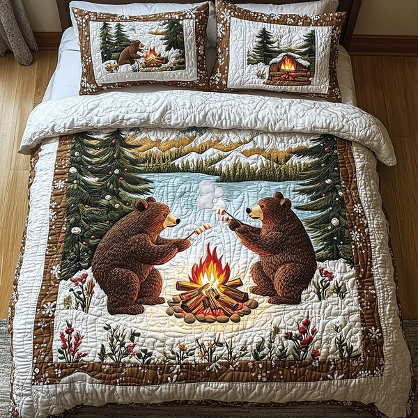 Camping Bear quilted 3-piece bedding set on a made bed with two matching pillow shams