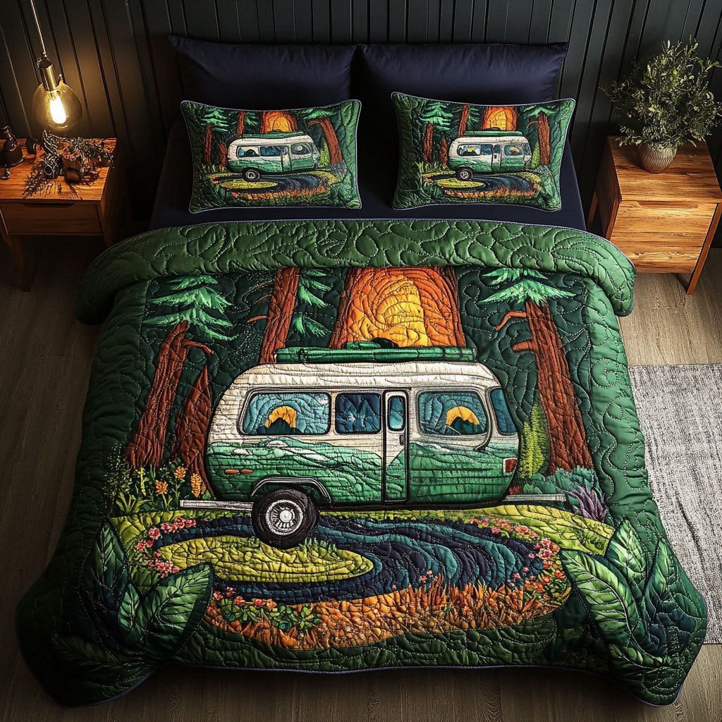Camping Caravan quilted 3-piece bedding set on a made bed with two matching pillow shams