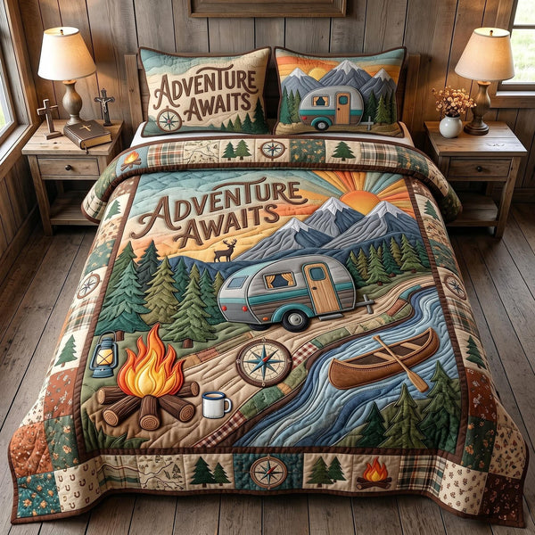 Camping Dreams quilted 3-piece bedding set on a made bed with two matching pillow shams