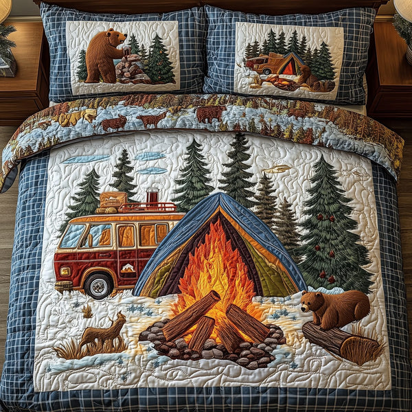 Camping Is My Job quilted 3-piece bedding set on a made bed with two matching pillow shams
