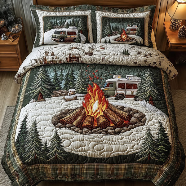 Camping Is My Therapy quilted 3-piece bedding set on a made bed with two matching pillow shams
