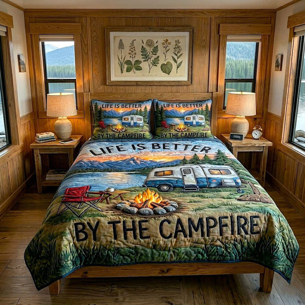 Camping Life quilted 3-piece bedding set on a made bed with two matching pillow shams