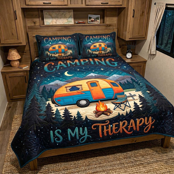 Camping Life quilted 3-piece bedding set on a made bed with two matching pillow shams