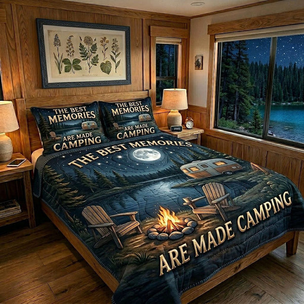 Camping Life quilted 3-piece bedding set on a made bed with two matching pillow shams