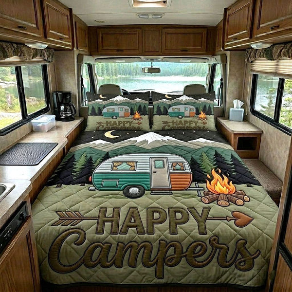 Camping Life quilted 3-piece bedding set on a made bed with two matching pillow shams