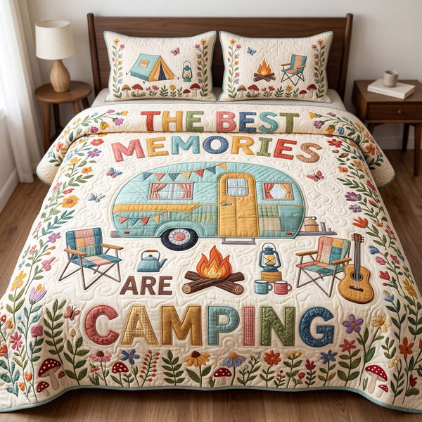 Camping Memories quilted 3-piece bedding set on a made bed with two matching pillow shams