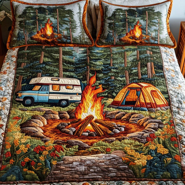 Camping Night quilted 3-piece bedding set on a made bed with two matching pillow shams