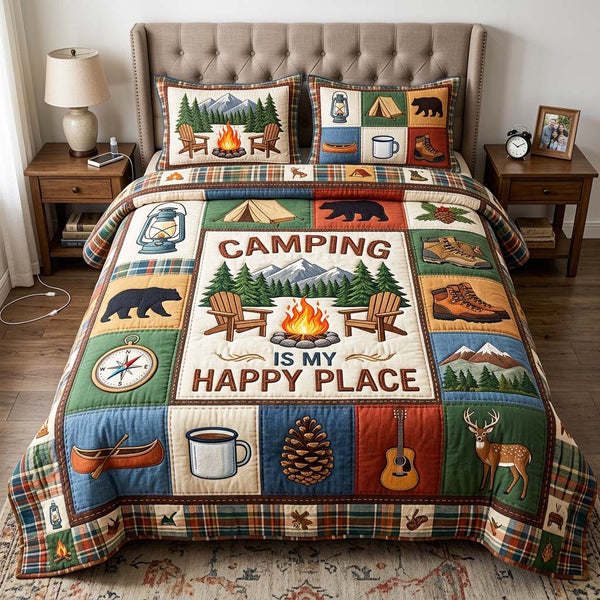 Camping Retreat quilted 3-piece bedding set on a made bed with two matching pillow shams